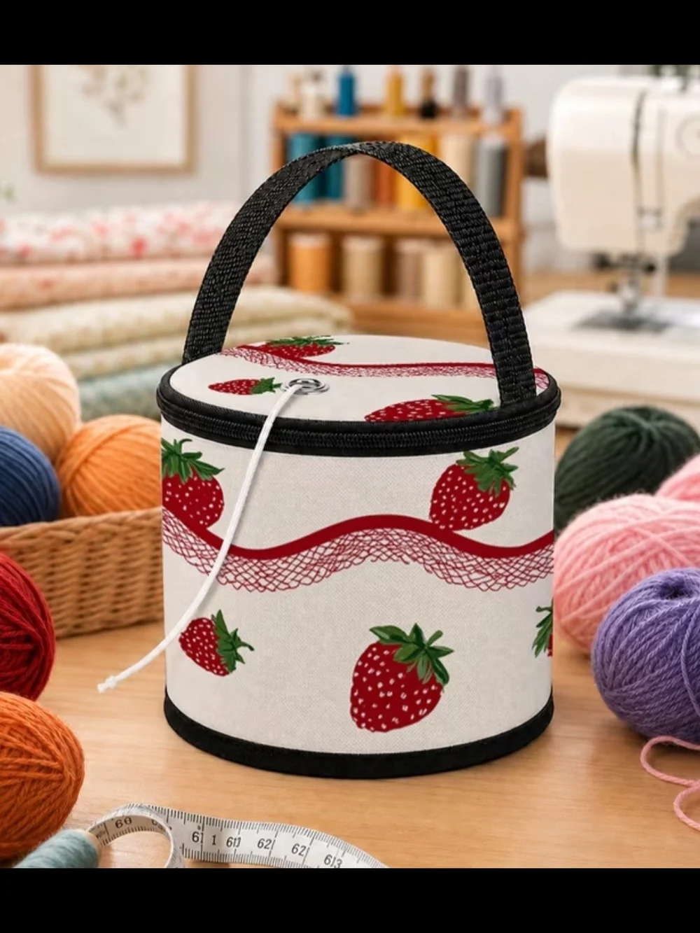 Strawberry Print Round Craft Storage Bag with Handle - Cream & Red
